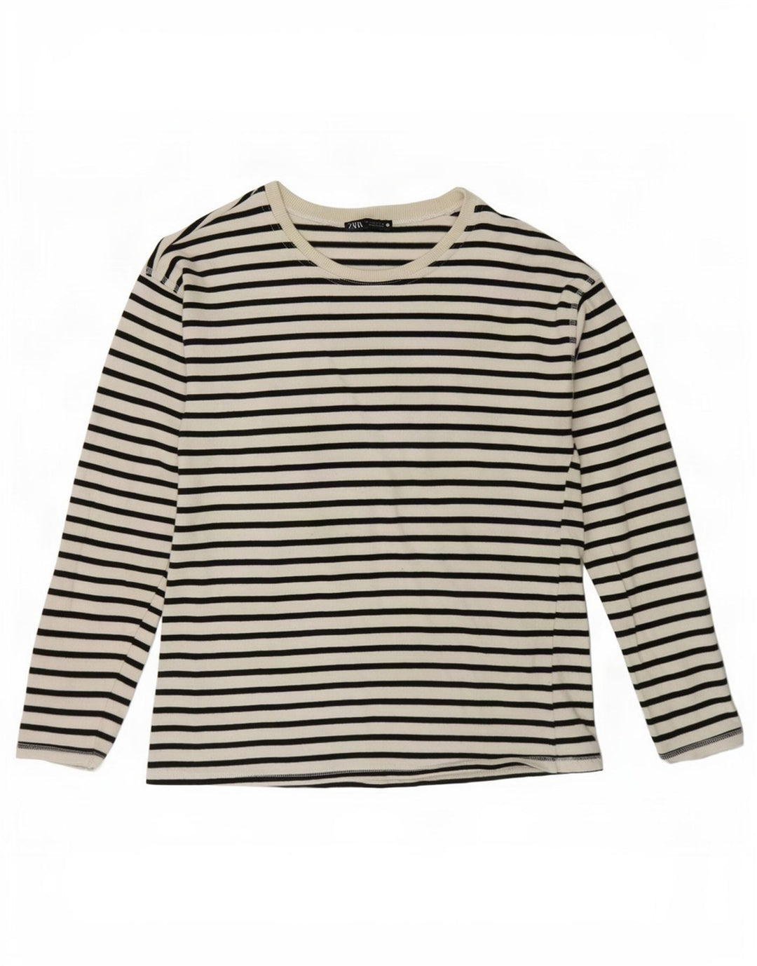 Top feminino Zara manga comprida UK 10 pequeno algodão listrado branco