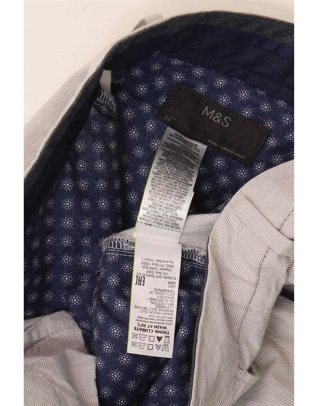 Shorts chino masculino Marks & Spencer W32 algodão listrado cinza médio
