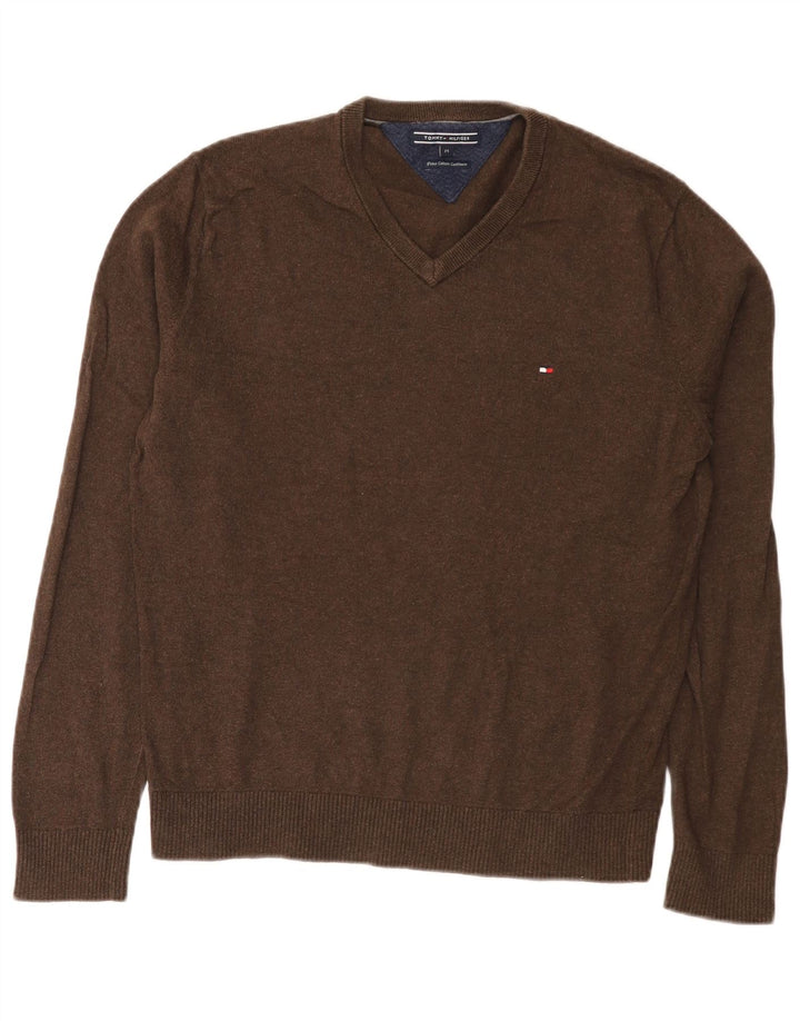 Tommy Hilfiger Suéter masculino com decote em V de algodão marrom médio