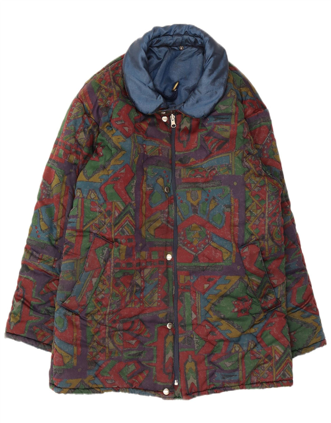 Jaqueta acolchoada reversível masculina vintage UK 40 grande geométrica multicolorida
