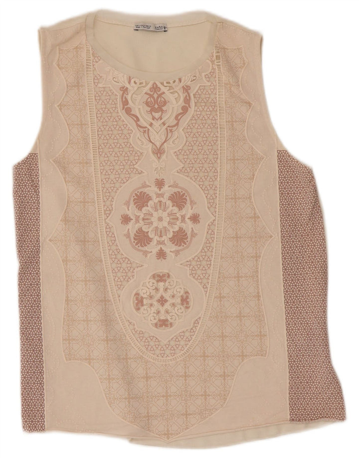 Zara Womens Abstract Pattern Vest Top UK 8 Pequeno Poliéster Bege