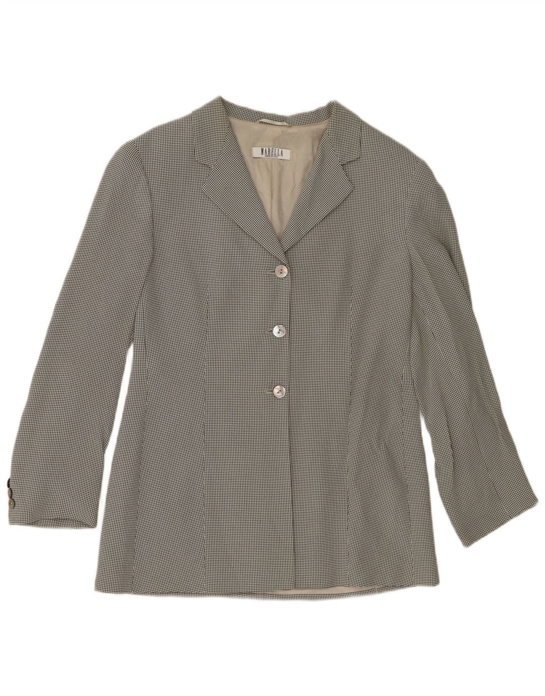 Jaqueta blazer feminina Marella de 3 botões Reino Unido 14 grande branco houndstooth viscose