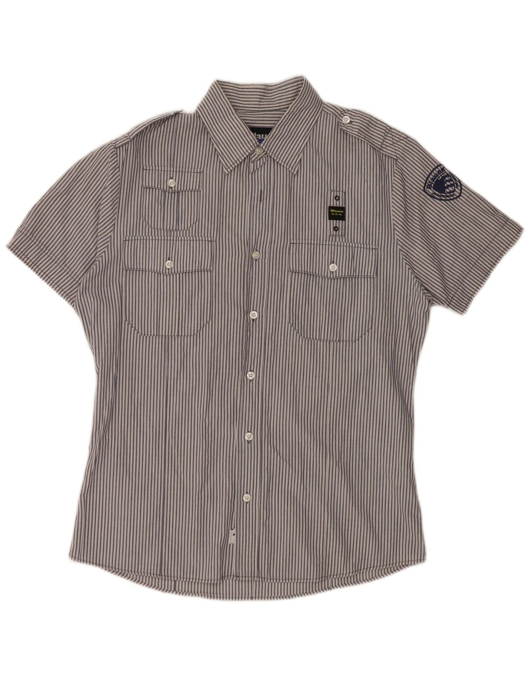 BLAUER Camisa militar masculina de manga curta grande algodão risca de giz azul