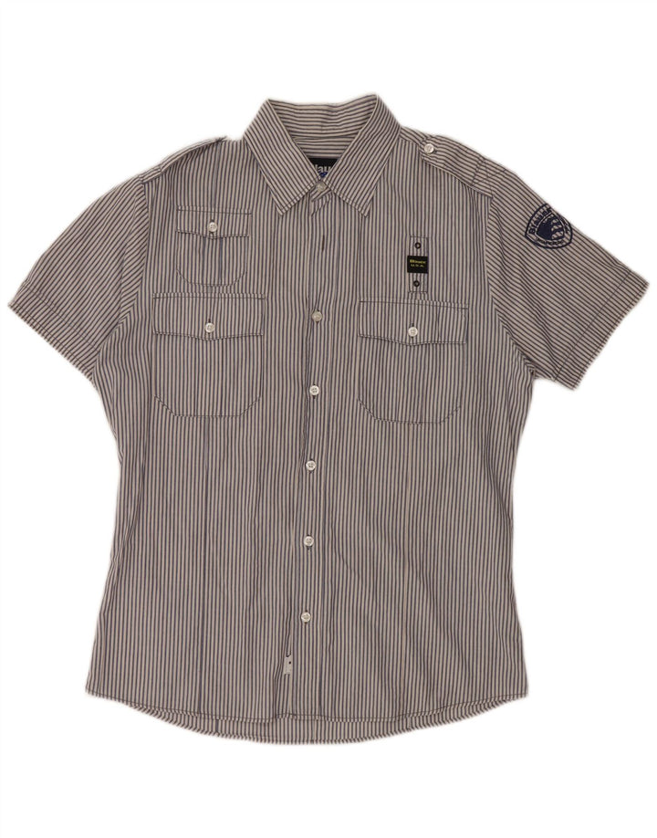 BLAUER Camisa militar masculina de manga curta grande algodão risca de giz azul