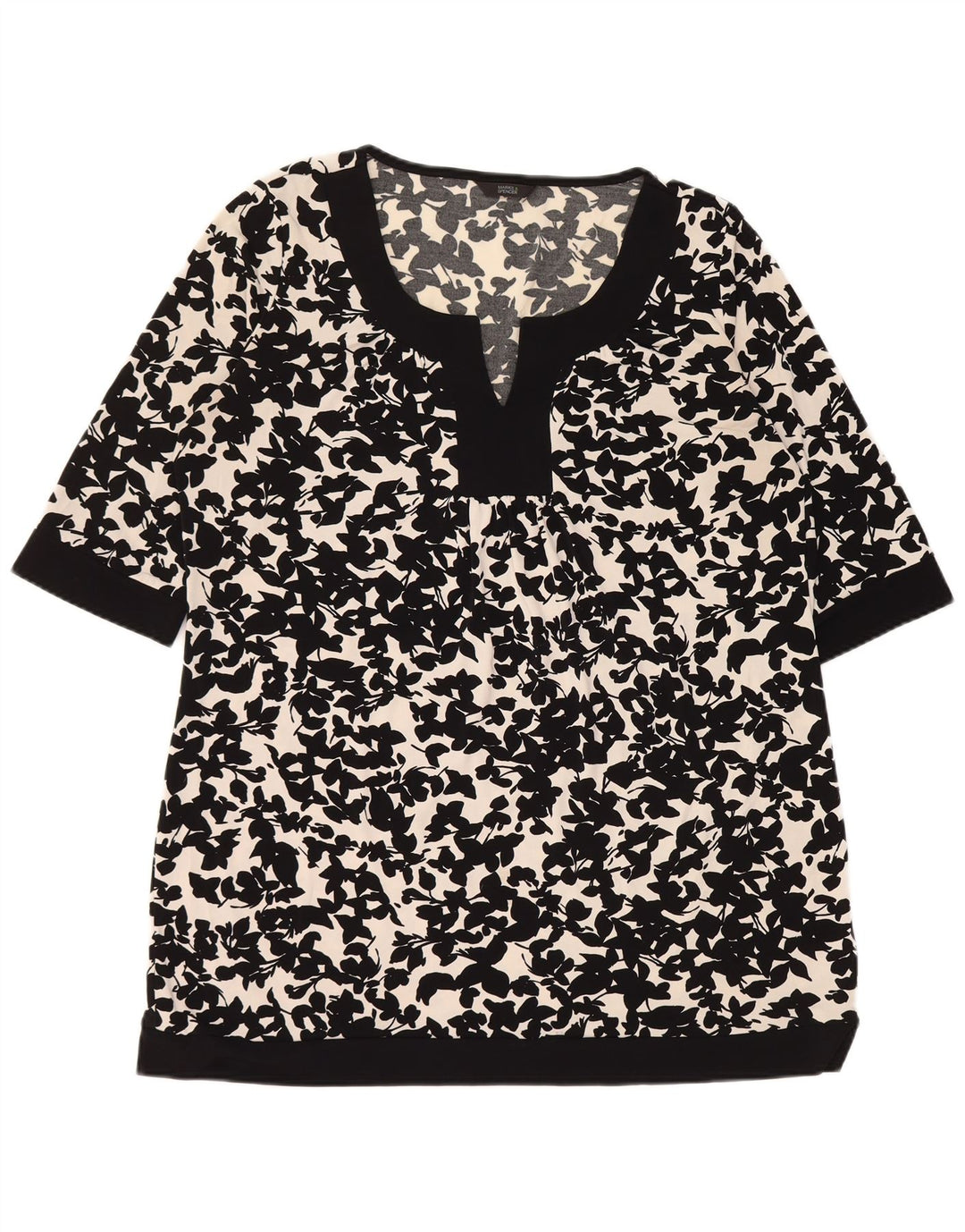 Blusa feminina MARKS & SPENCER UK 16 grande poliéster floral preto