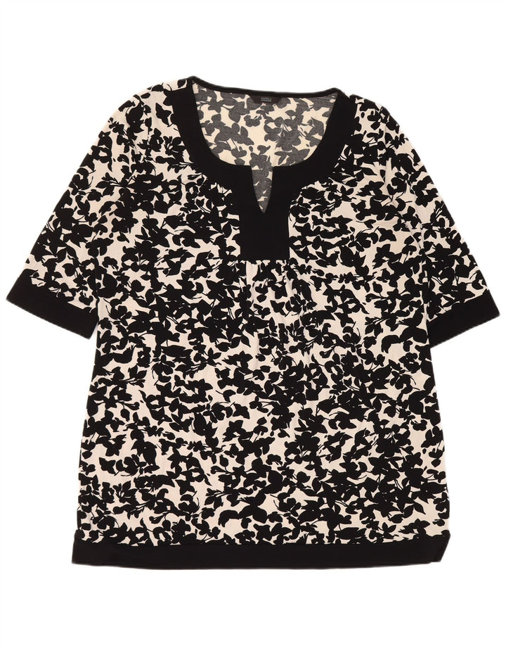 Blusa feminina MARKS & SPENCER UK 16 grande poliéster floral preto