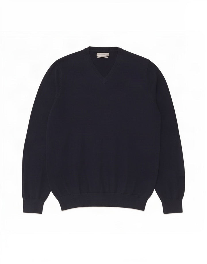 Suéter masculino Marks & Spencer com decote em V grande algodão azul marinho