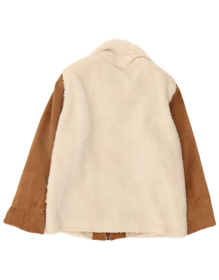 Jaqueta de lã de couro feminina vintage Reino Unido 14 couro colorblock branco médio