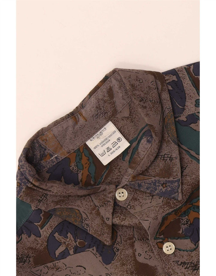 Vintage Masculino Abstrato Padrão Camisa Tamanho 41/42 Grande Viscose Cinza