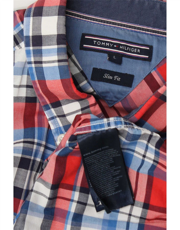 Camisa masculina Tommy Hilfiger Slim Fit grande algodão xadrez vermelho