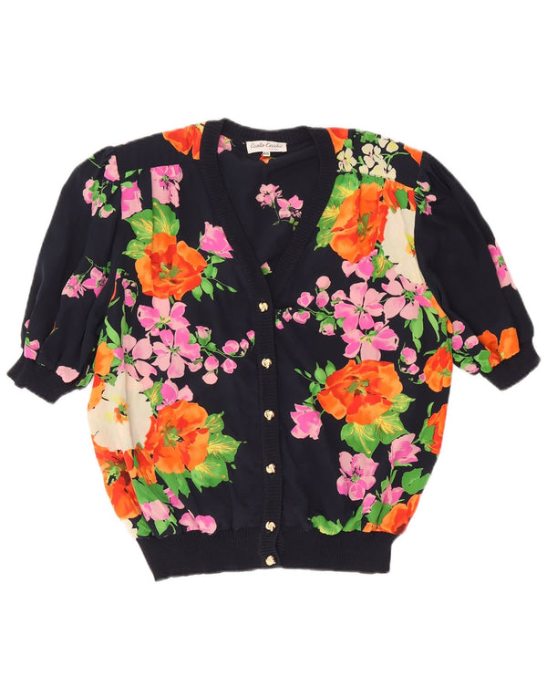 Cardigan feminino vintage de manga curta IT 46 grande azul marinho floral
