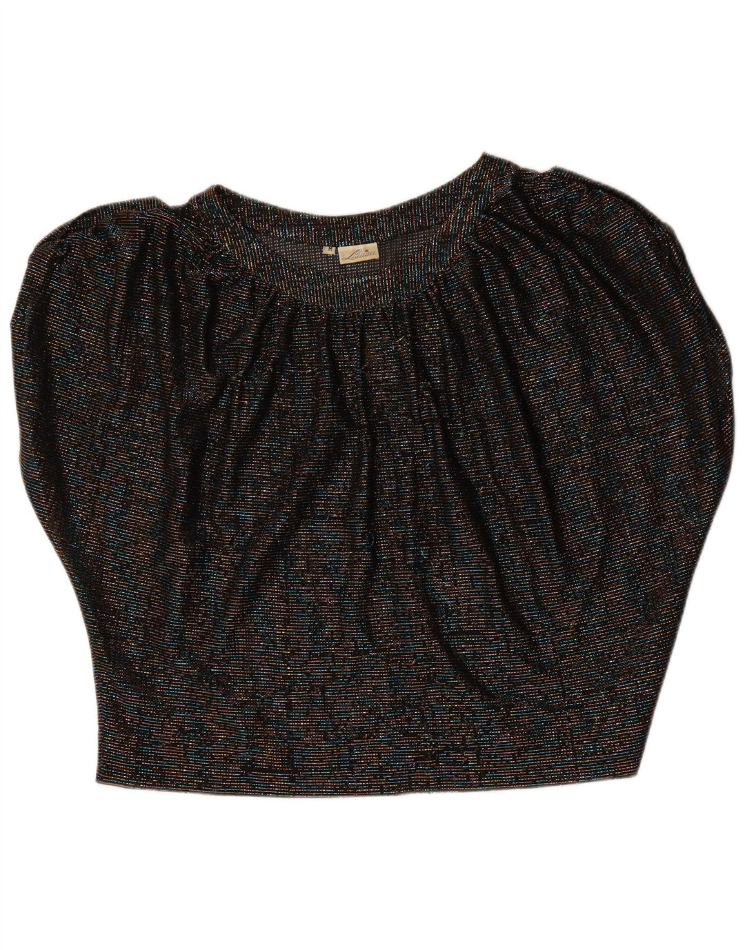 Blusa feminina vintage com asas de morcego, top UK 14 médio preto manchado