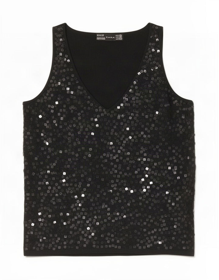 Blusa feminina sem mangas Zara Top UK 12 viscose manchada preta média