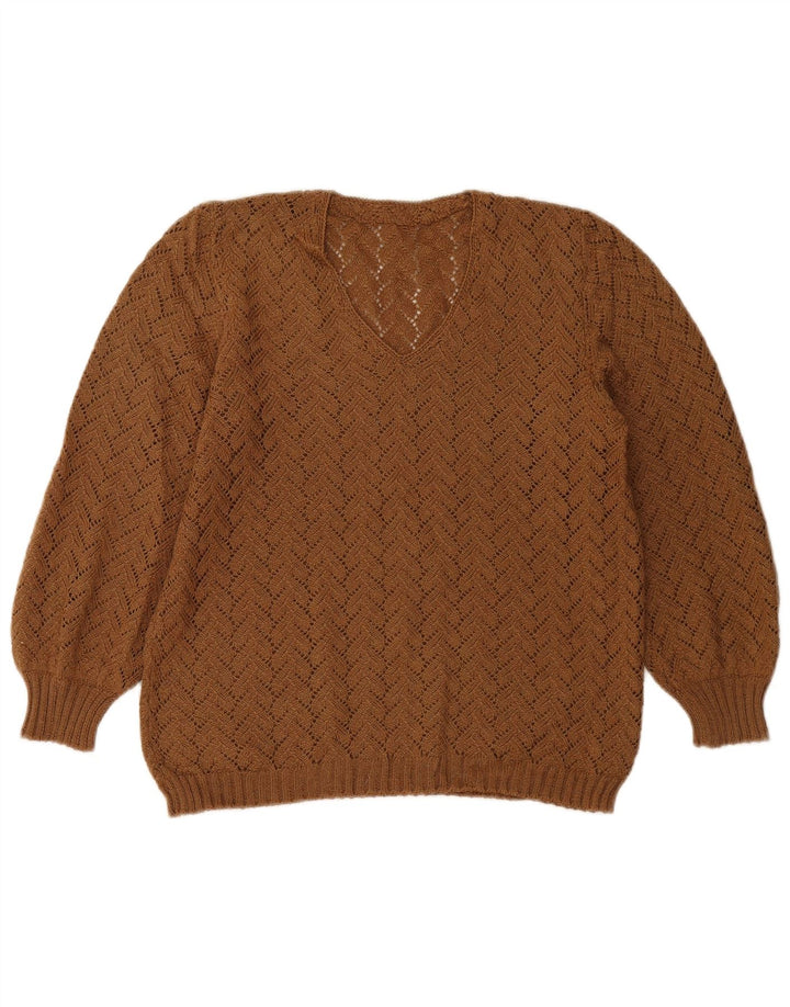 Suéter feminino vintage com decote em V Reino Unido 14 marrom médio