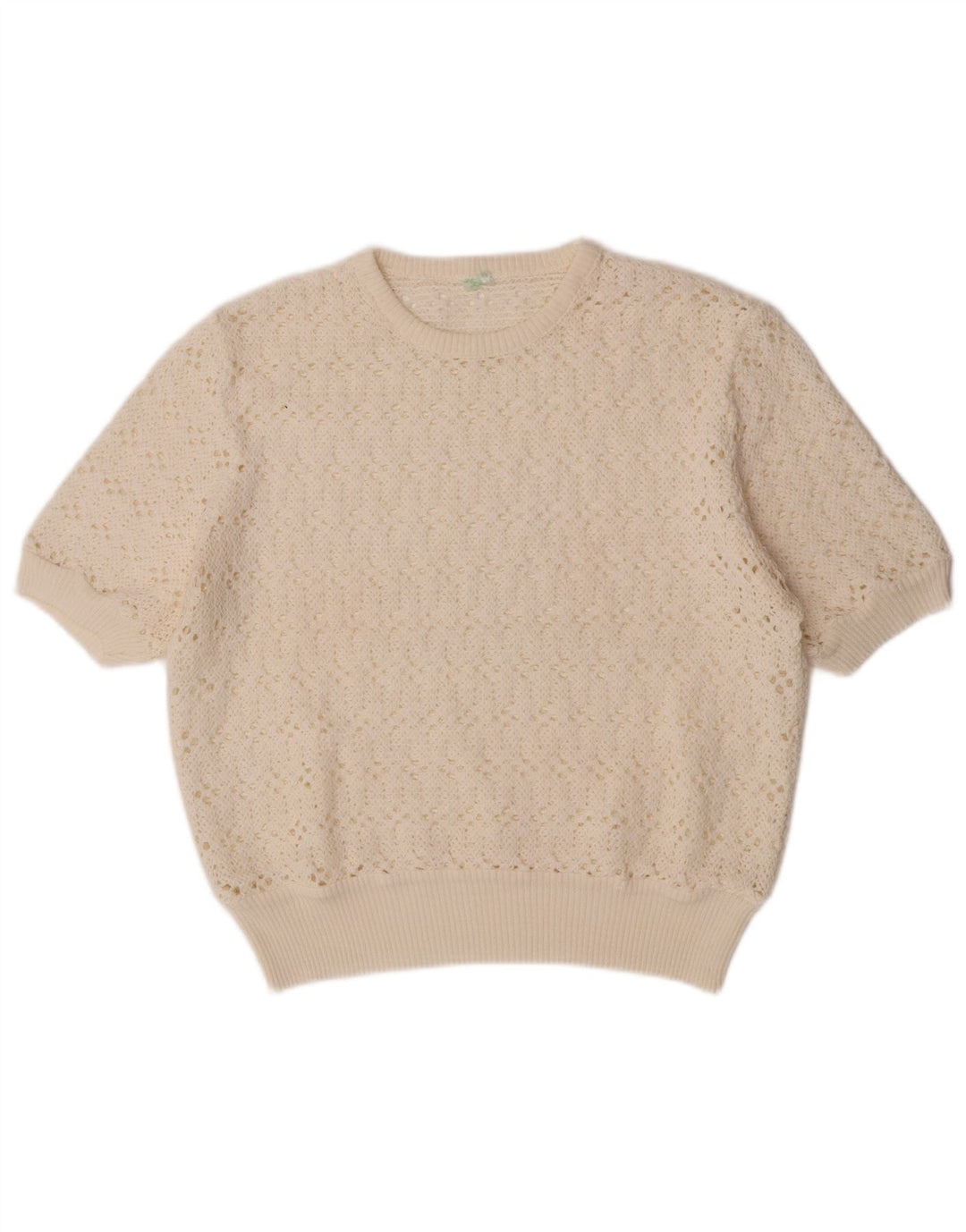 Suéter feminino vintage de manga curta com gola redonda UK 12 médio off white