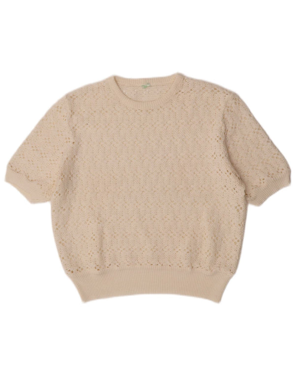 Suéter feminino vintage de manga curta com gola redonda UK 12 médio off white