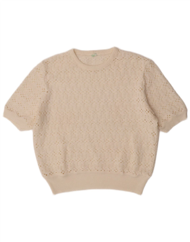 Suéter feminino vintage de manga curta com gola redonda UK 12 médio off white