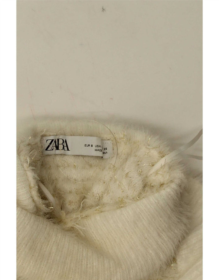 Suéter feminino Zara com babados na frente e gola redonda Reino Unido 10 pequeno listrado branco