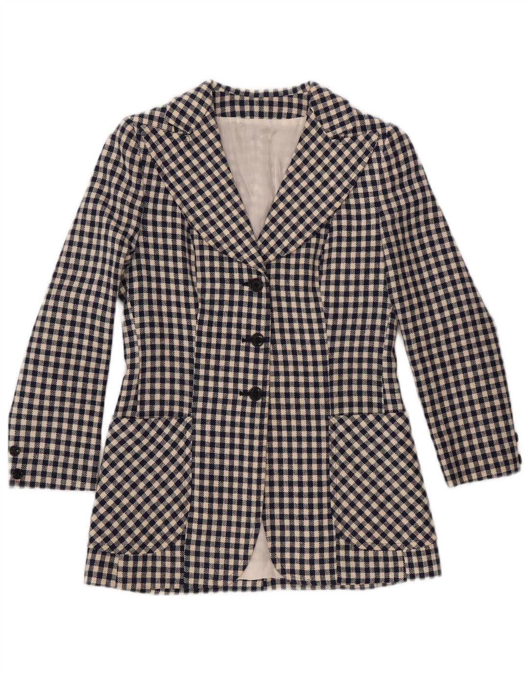 Jaqueta blazer feminina VINTAGE com 3 botões UK 10 pequena azul marinho guingão