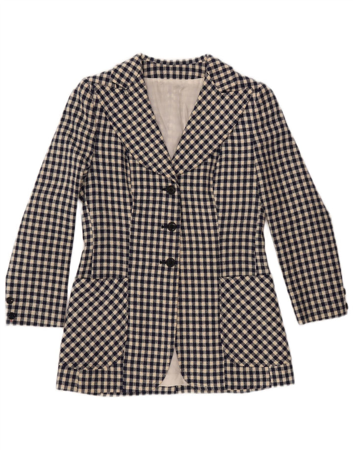 Jaqueta blazer feminina VINTAGE com 3 botões UK 10 pequena azul marinho guingão