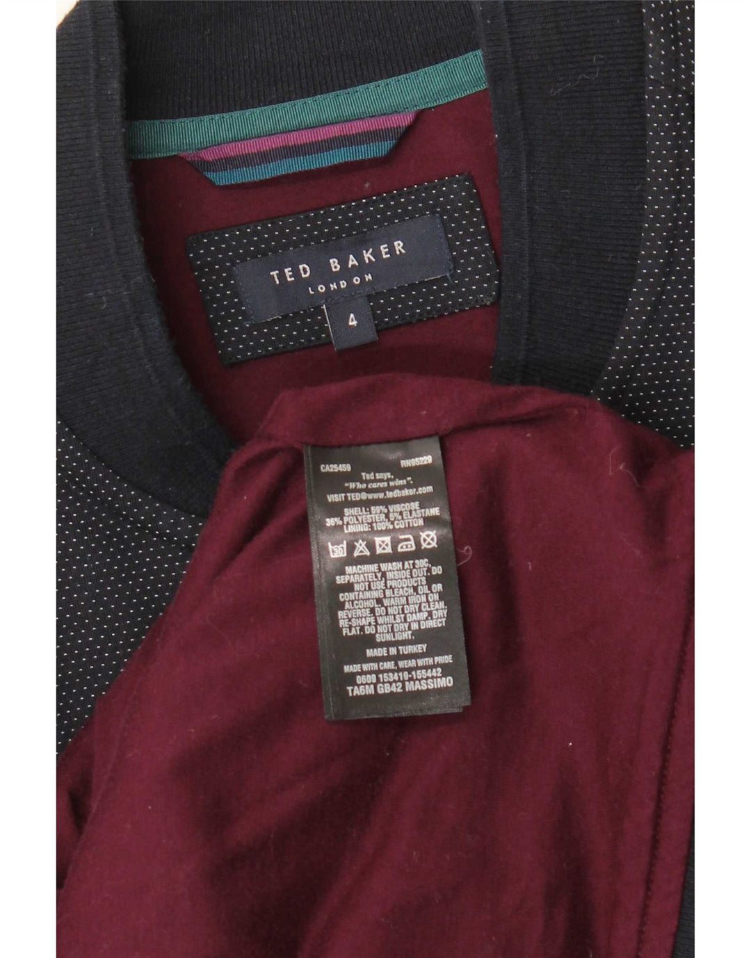 Jaqueta bomber masculina Ted Baker tamanho 4 grande viscose manchada azul marinho