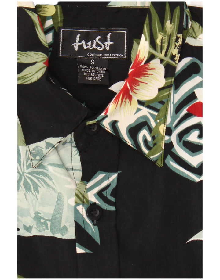 Camisa masculina vintage de manga curta pequena preta floral poliéster havaiana