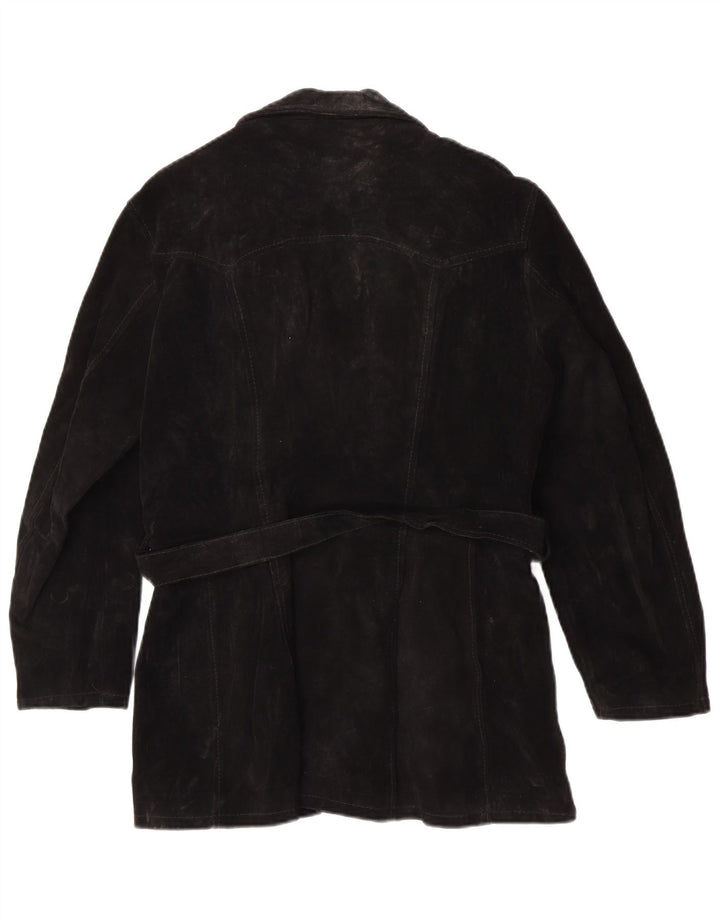 Jaqueta de couro de camurça vintage feminina com 4 botões Reino Unido 6 XS couro preto