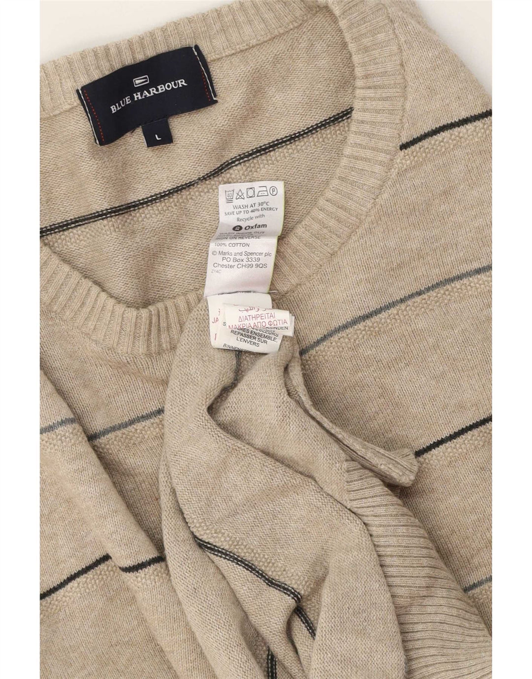 Suéter masculino Blue Harbor com gola redonda e algodão listrado bege grande