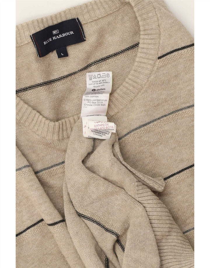 Suéter masculino Blue Harbor com gola redonda e algodão listrado bege grande