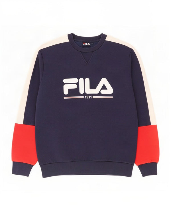 Fila moletom gráfico masculino jumper médio azul marinho algodão colorblock