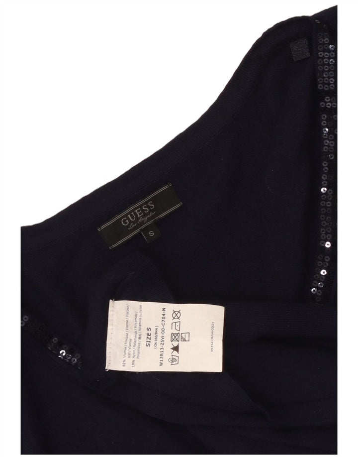 Top feminino Guess de manga comprida UK 10 pequeno azul marinho viscose
