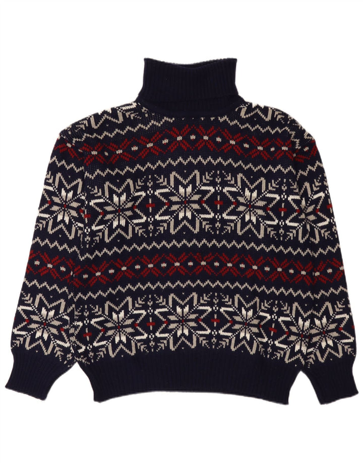 Suéter vintage masculino com gola redonda grande azul marinho Fair Isle