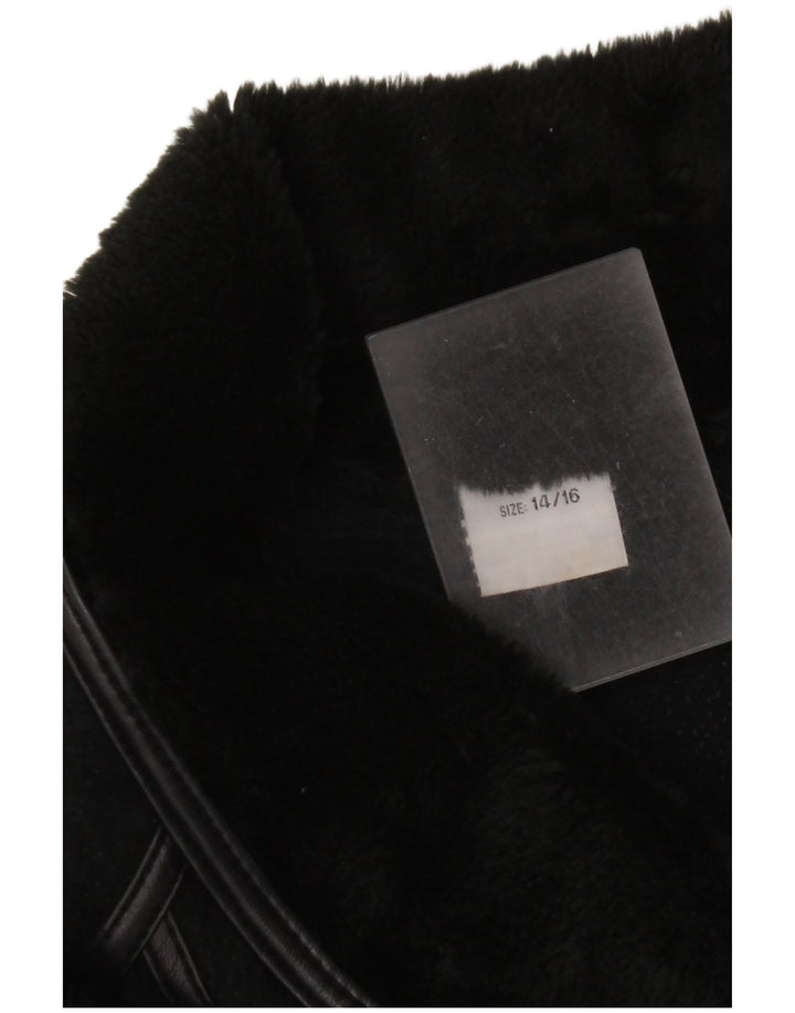 Jaqueta Shearling Feminina Vintage Reino Unido 14/16 Grande Couro Preto