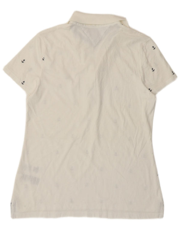 Camisa polo feminina Tommy Hilfiger UK 12 médio branco manchado algodão náutico