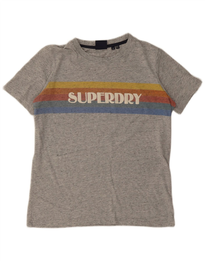 Camiseta feminina Superdry com estampa oversized UK 10 pequena cinza manchada