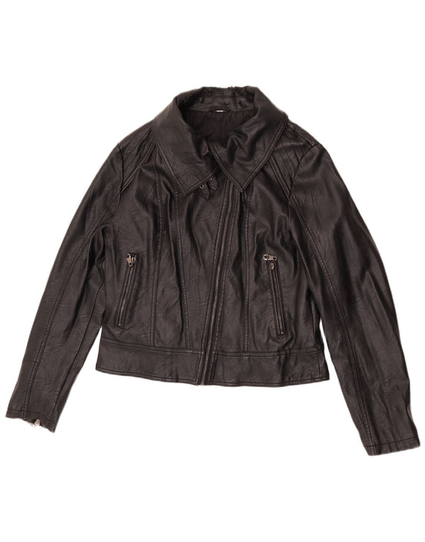 Jaqueta vintage feminina de couro sintético para motociclista UK 18 XL poliuretano preto
