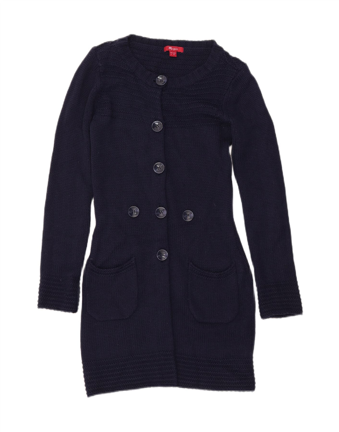 Suéter feminino MONSOON Longline Cardigan Reino Unido 8 pequeno azul marinho acrílico