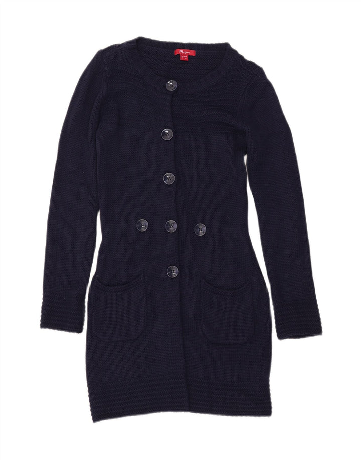 Suéter feminino MONSOON Longline Cardigan Reino Unido 8 pequeno azul marinho acrílico