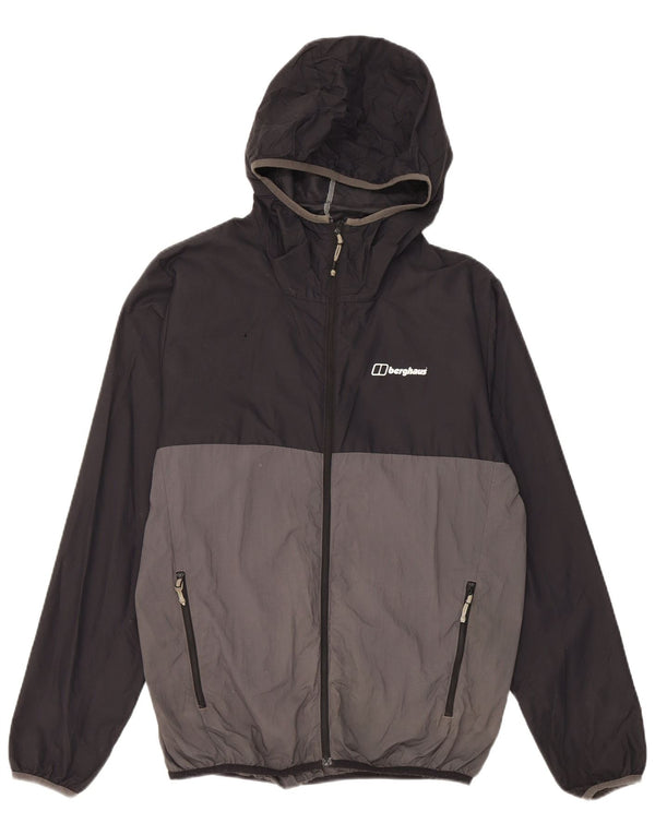 Jaqueta de chuva masculina Berghaus com capuz Reino Unido 36 pequeno bloco colorido preto de nylon