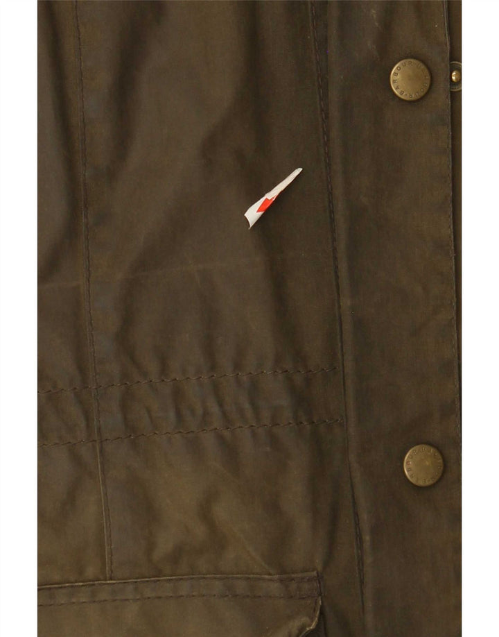 Jaqueta feminina de algodão encerado com capuz Barbour UK 12 médio cáqui