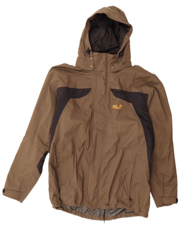 Jaqueta de chuva masculina Jack Wolfskin com capuz Reino Unido 48 2XL marrom colorblock poliamida