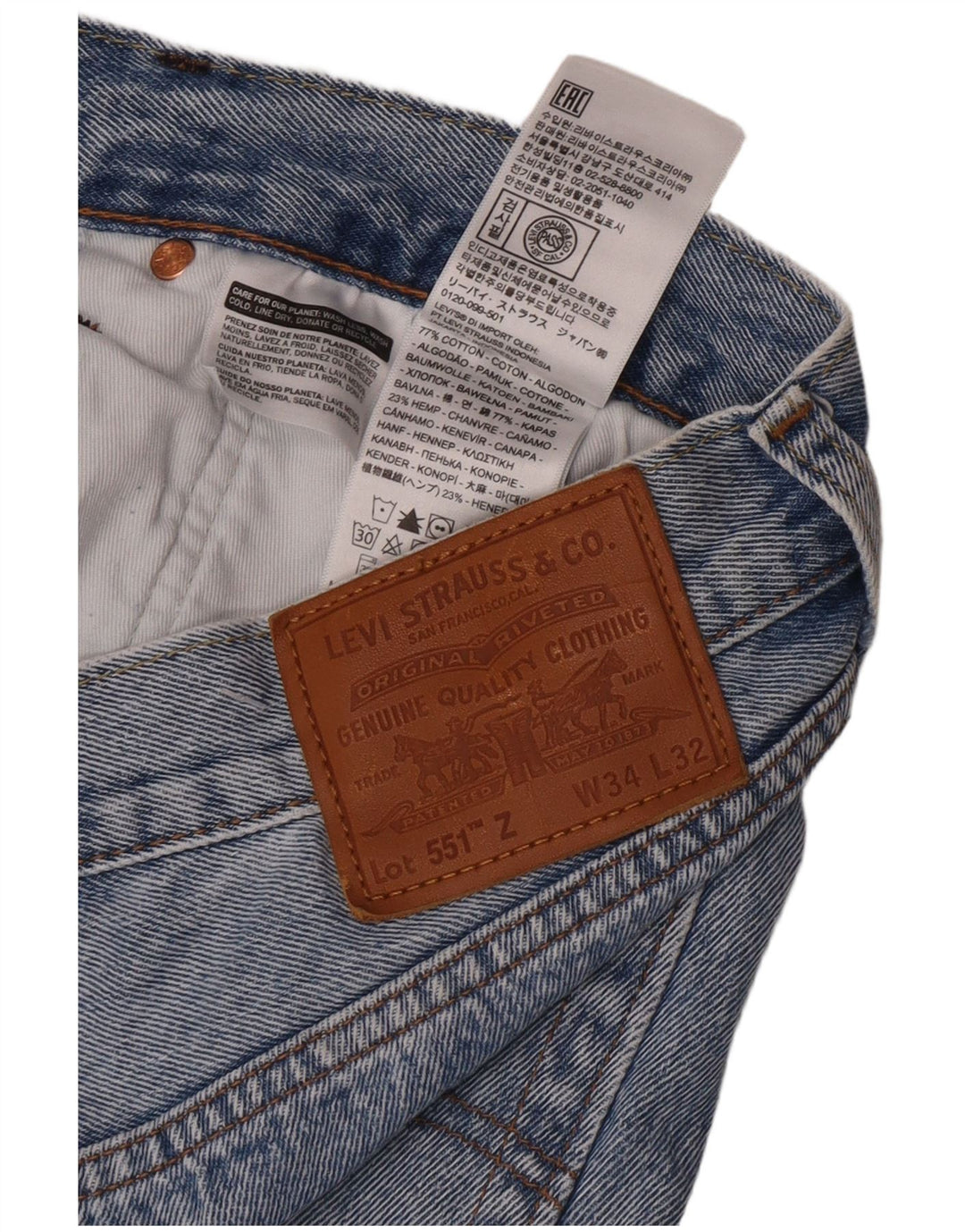 Jeans retos masculinos Levi's W34 L32 algodão azul