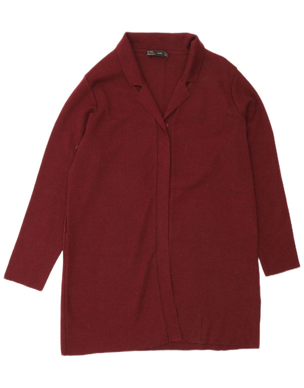 Suéter cardigã feminino Zara Longline Reino Unido 16 grande lã cor de vinho