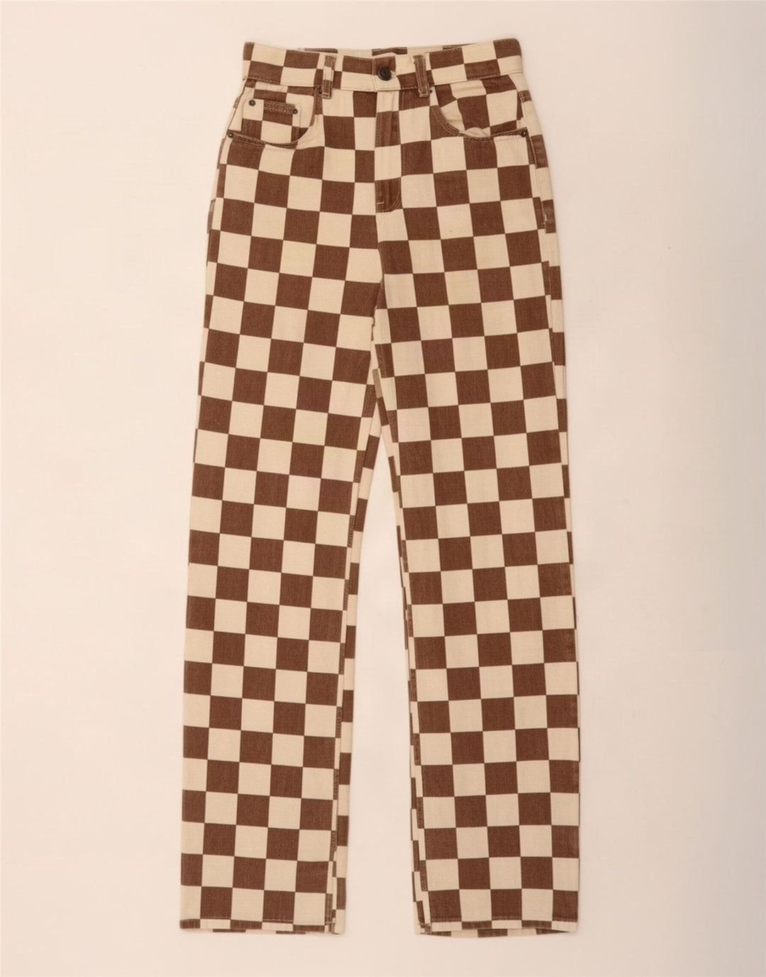 Jeans retos femininos Pull & Bear EU 34 XS W24 L31 marrom geométrico