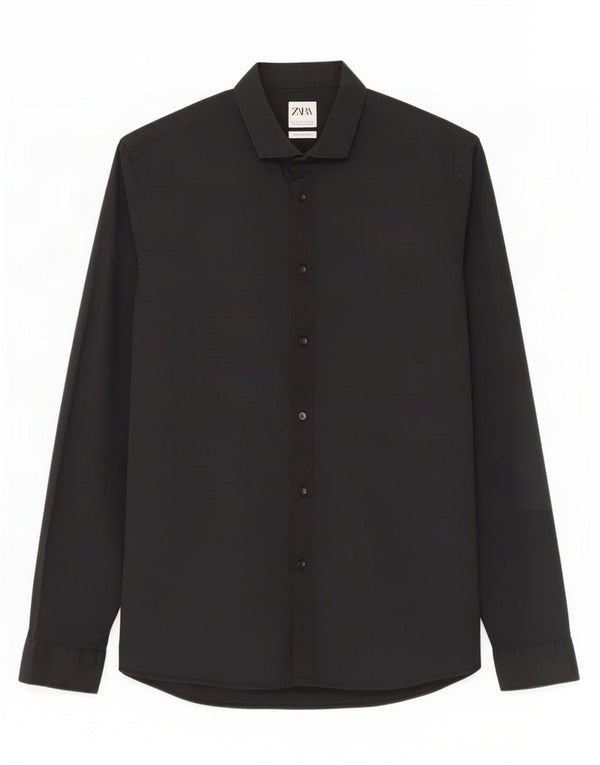 Camisa masculina Zara Super Slim Fit grande algodão preto