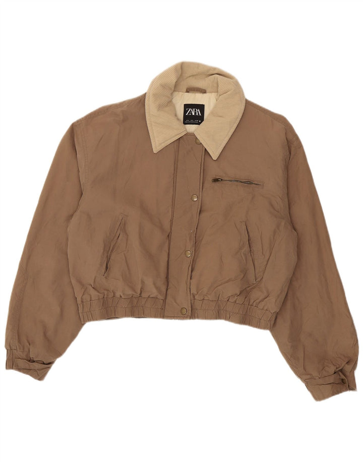Zara Womens Crop Bomber Jacket UK 16 Grande Algodão Marrom