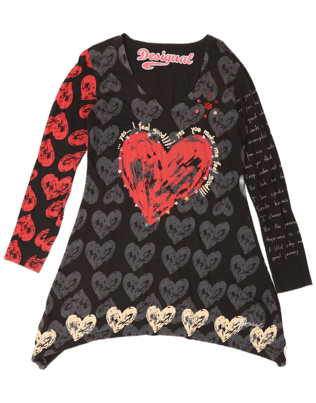 Vestido túnica feminino gráfico de manga comprida Desigual Reino Unido 14 médio preto coração