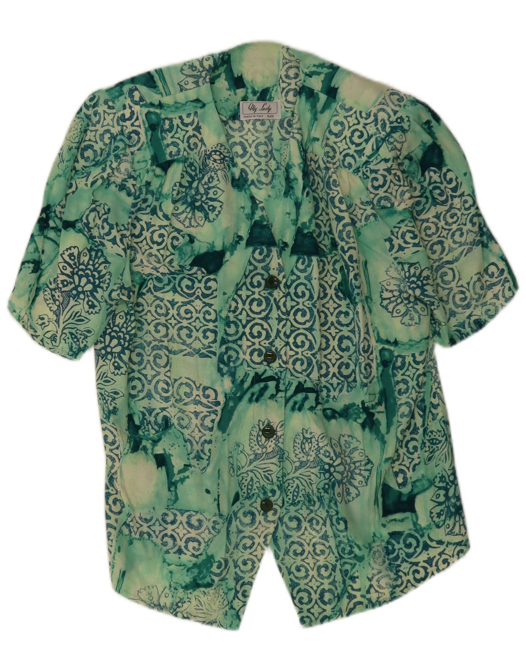 Blusa feminina vintage de manga curta UK 14 patchwork verde médio