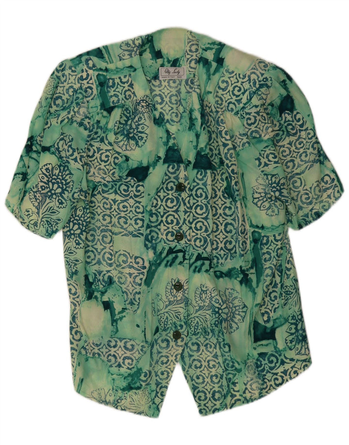 Blusa feminina vintage de manga curta UK 14 patchwork verde médio