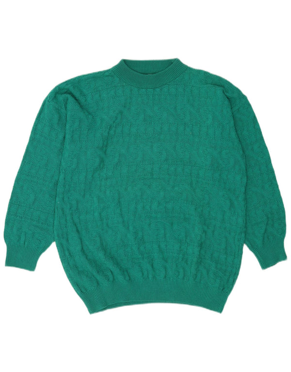 Suéter feminino vintage com gola tartaruga Reino Unido 14 verde médio geométrico